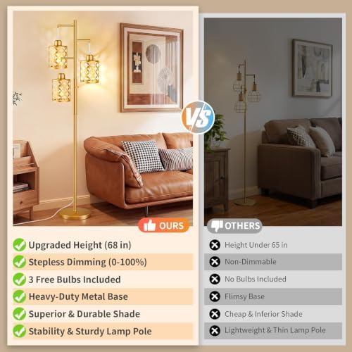68" Modern Tree Floor Lamp, Dimmable Industrial Tall Standing Lamp with Metal Cages & Rotary Dimmer Knob, Corner Decor Lighting for Living Room Bedroom Cafe, 3 x 800LM Bulbs Included - Gold - Image 5