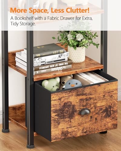 Furologee Book Shelf Set of 2, 6 Tier Tall Shelf with Drawer, Bookshelves and Bookcases Set of 2, Industrial Display Shelving Unit for Bedroom, Living Room, Home Office, Rustic Brown - Image 5