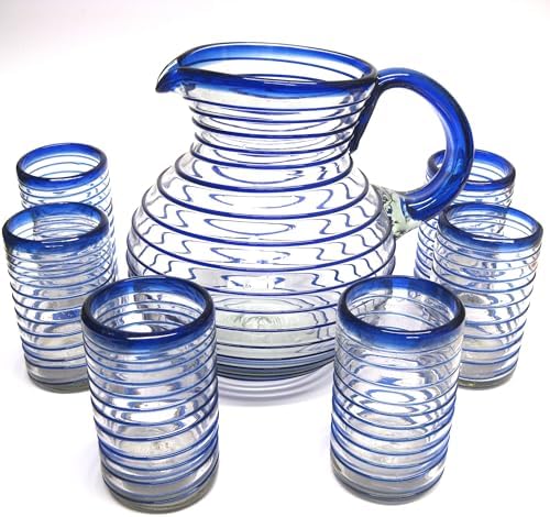 Cobalt Blue Spiral 120 oz Pitcher and 6 Drinking Glasses set, Recycled Glass, Lead-free, Toxin-Free (Pitcher & Glasses) by MexHandcraft
