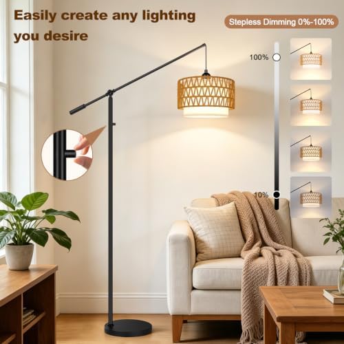 【Upgraded】Boho Dimmable Floor Lamps with Adjustable Swing Arm, 1100 Lumens Bulb Included, Modern Standing Lamp with Rattan & Fabric Shades, Rattan Tall Arc Floor Lamp for Living Room Bedroom, Black - Image 3