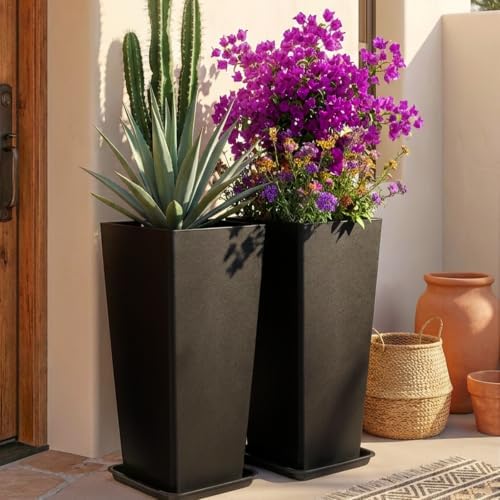 PASAMIC 30 Inch Outdoor Planters Set of 2, Large Tall Planters with Drainage Holes, Weather Resistant Flower Pots for Indoor & Outdoor Plants, Front Porch, Patio, Balcony, Garden, Black by PASAMIC