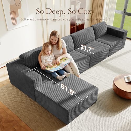 Vesgantti 159" Large Modular Sectional Sofa, L-Shaped Corduroy Cloud Couch with Deep Seats & Spring Support, 4-Seater Boneless Sofa with Movable Ottoman, No Assembly Needed, Grey - Image 5