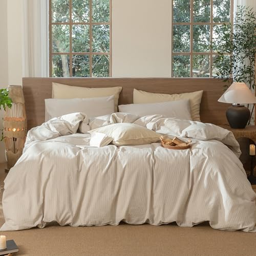 MooMee Striped Duvet Cover Set 100% Washed Cotton Linen Like Full by MOOMEE