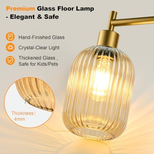 【Upgraded】 Dimmable Floor Lamp for Living Room with Amber Ribbed Glass Lampshade, Gold Modern Floor Lamp with 900LM LED Bulb Included, Arc Standing Tall Lamp for Bedroom, Office, Reading Room, Corner - Image 4