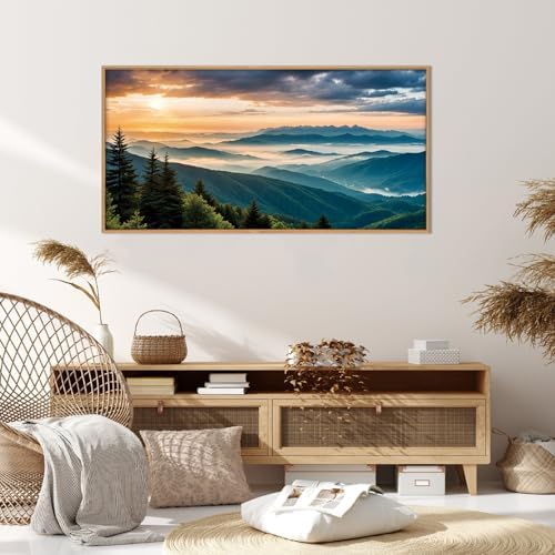 LHIUEM Large Nature Mountain Sunrise Framed Canvas Wall Art, Modern Misty Tree Wall Decor, Boho Forest Green Landscape Artwork, 20"x40"x1 - Image 4
