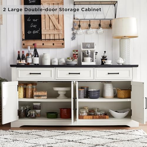 JXQTLINGMU 66" Farmhouse Buffet Cabinet with Storage, Sideboard Credenza, Carved Cloud-Inspired Doors, 3 Drawers & Adjustable Shelves, Coffee Bar Cabinet, Off White - Image 4