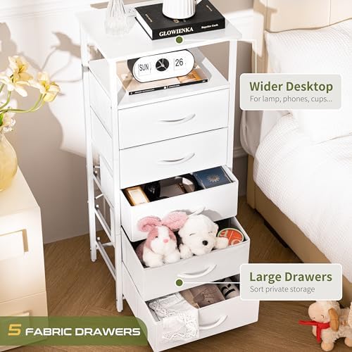 Yoobure 5 Drawers Dresser for Bedroom, Tall Nightstand with Charging Station, Fabric Dresser for Closet with Storage Shelf, Vertical Dressers Chest LED Night Stand, Bedside Table for Dorm Living Room - Image 4