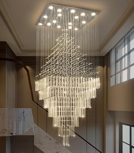 HAIXIANG W40 x H120 Glam Chandelier with LED Bulbs Square Chandeliers, Crystal Raindrop High Ceiling Pendant Light for Entrance Large Villa Chandelier Foyer Lighting Fixtures Silver by HAIXIANG