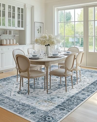 Amada Large 8x10 Washable Area Rug for Living Room, Ivory/Blue, Vintage - Image 6
