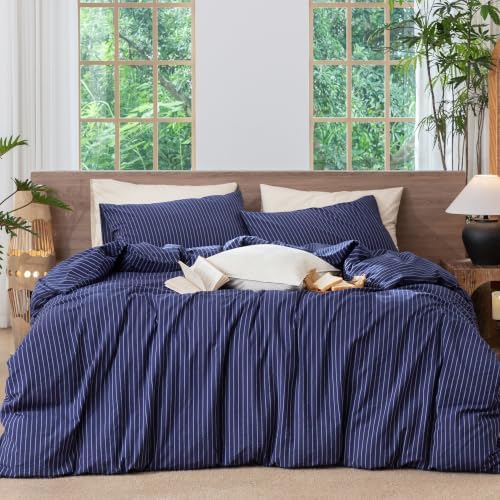 MooMee Striped Duvet Cover Set 100% Washed Cotton Linen Like King by MOOMEE