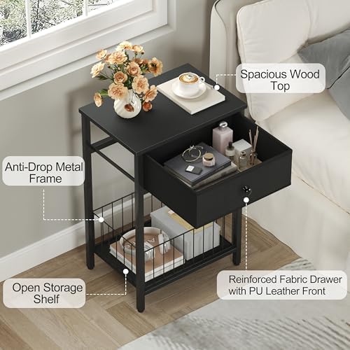 Small nightstand, Bed Side Tables Bedroom, Black Side Table, end Table with Drawer, one Drawer nightstand, Black end Table LNT0061BK - Image 4