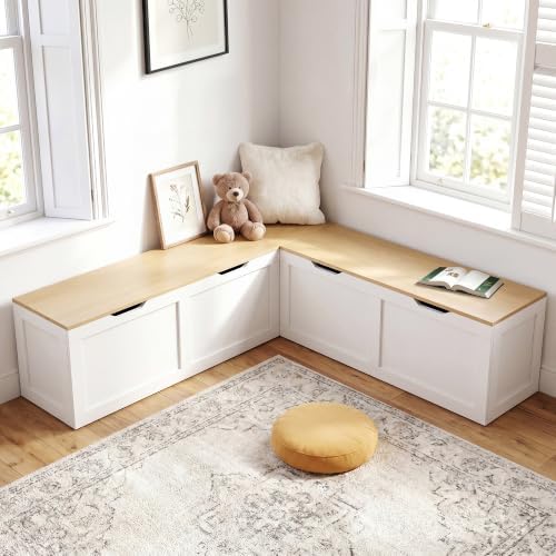 Grepatio 63" L Shaped Bench with Storage, Wooden Breakfast Nook Benches, Corner Bench with Hidden Storage, Breakfast Nook Table Set, Dining Benches for Entryway, Dining Room, Kitchen, White and Oak by Takesyoutohaveawonderfullife
