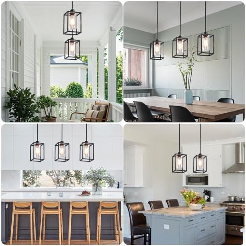 3 Pack Stem Rod Black Pendant Lights for Kitchen Island Industrial Lantern Pendant Light Fixtures with Clear Glass Shade, Farmhouse Adjustable Height Hanging Pendant Lighting - Image 4