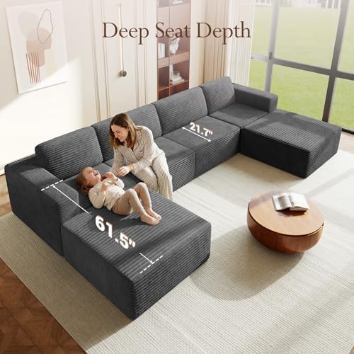 Vesgantti 159" Large Modular Sectional Sofa, U-Shaped Corduroy Cloud Couch with Deep Seats & Spring Support, 4-Seater Boneless Sofa with 2 Movable Ottomans, No Assembly Needed, Grey - Image 5