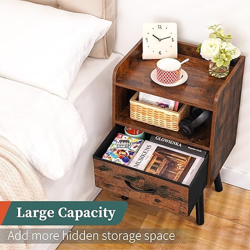 Yoobure Night Stand with Fabric Drawer, Modern Nightstand, Bedside Tables, Mid Century Nightstands with Open Storage Shelf, Wood Bedside Table, Small Night Stands for Bedrooms, 2-Tier Night Table - Image 5