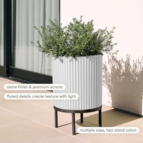 Veradek Demi Series Round Planter w/ Stand for Porch/Patio | Durable Plastic-Concrete & Wooden Stand | Modern Décor for Tall Plants, Flowers - Image 4