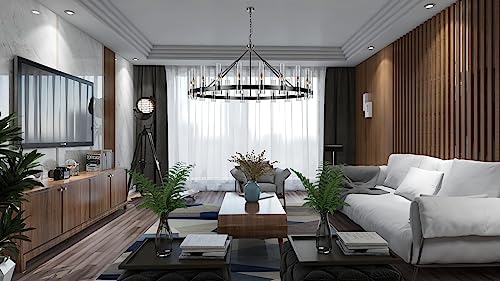20-Lights Black Wagon Wheel Chandelier Modern Farmhouse with Glass Shade, 60 Inch Large Round Industrial High Ceilings Pendant Lighting Fixture for Dining Living Room, Kitchen Island, Foyer - Image 3