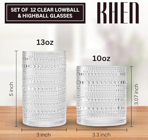 Khen Vintage Hobnail Drinking Glasses Set of 12, 13oz Highball Glasses & 10 oz Lowball Tumblers, Kitchen Water Glasses Cup, Bar Water, Juice, Cocktails Beer, Milk Indoor/Outdoor Bar & Party Drinkware - Image 2