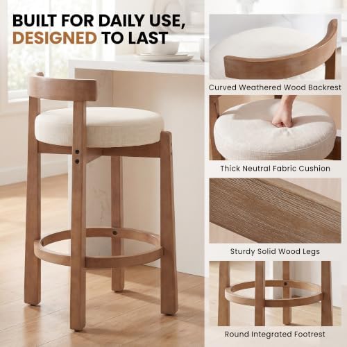 LukeAlon Linen Counter Stools Set of 5, Upholstered 26.5” Seat Height Low Barstools with Natural Wood Legs Round Low Back Kitchen Stools with Footrest for Dining Room Bar Coffee Shop, Beige - Image 3