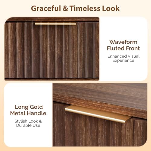 VINGLI Night Stand, Fluted Nightstand Wood, Mid Century Modern Nightstand for Bedroom, Bedside Table, Wood Side Table, Small Night Stand Walnut, 15.75" W*11.81" D*21.85" H - Image 4
