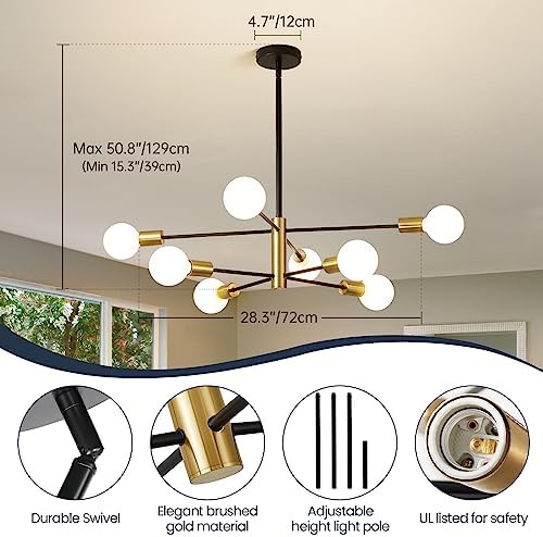 RUIYEY Modern Sputnik Chandeliers Black and Gold Mid Century Chandelier 8-Light Dining Room Light Fixture Height Adjustable Ceiling Lights Farmhouse Chandeliers for Kitchen Island Living Room - Image 3
