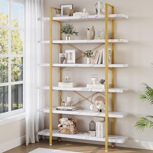 OtterOasis Heavy Duty 6-Tier Industrial Bookcase, 47" Wide Wood Bookshelf for Home Office, 120lbs Shelf Capacity, Open Shelving Display with Reinforced Horizontal Shelf for Living Room Bedroom, White by OtterOasis