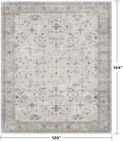 Large 10x12 Living Room Rug - Vintage Light Gray & Sage Floral Area Rug for Dining Room, Washable Low Pile Bedroom Carpet, Modern Eclectic Geometric Decor & Stain Resistance - Image 2