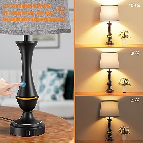 Touch Lamps for Nightstand, 3 Way Dimmable Lamps for Bedroom with USB C+A - Image 2