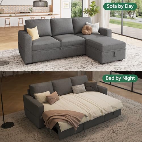 HONBAY Modular Sectional Sleeper Sofa with Pull Out Bed, L Shaped Couch with Storage Seat, Modular Sectional Couches for Living Room - Dark Grey - Image 5