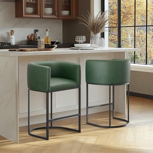 Counter Height Bar Stools for Kitchen Island, Modern Counter Stools for Dining Room, 24 Inch Seat Height Barstools with Metal Legs, Faux Leather Bar Stool with Back Footrest, Green - Image 2