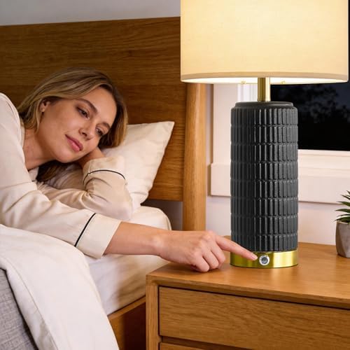 PoKat Ceramic Table Lamps Set of 2 for Living Room, 25'' Modern Touch Bedside Lamps for Bedroom with 2 USB Ports, Farmhouse Black Matte-Textured Nightstand Lamps Office Home Decor (Bulbs Included) - Image 6