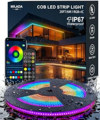 20ft COB LED Strip Lights RGB Smart IC,IP67 Waterproof Outdoor,Dimmable by MILADALED