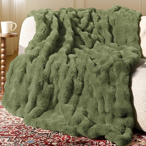 Ultra Soft Cozy Faux Fur Throw Blanket, Fuzzy Plush Thick Bubble Blanket, Oversize Luxury Fluffy Blanket for Couch, Sofa, Bedroom, and Living Room,50x60 Inches,Green by blunique