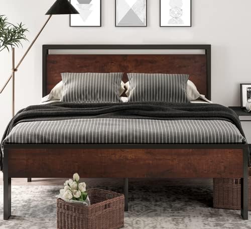 SHA CERLIN 14 Inch King Size Metal Platform Bed Frame with Wooden Headboard and Footboard, Mattress Foundation, No Box Spring Needed, Large Under Bed Storage, Mahogany - Image 3