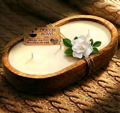 Dough Bowl Candle Co. Gardenia Candle - 100% Soy Candles for Home Scented, 10x6 Large 3 Wick Luxury Home Decor, Aromatherapy Gifts for Summer Spring, Large Decorative White Wax in Wood Bowl, 40H by Dough+Bowl+Candle+Company