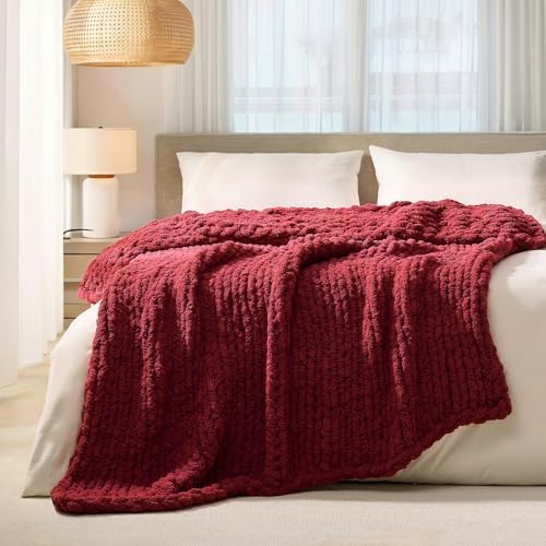L'AGRATY Chunky Knit Throw Blanket for Couch, 50 x 60 Inches, Maroon Red by LAGRATY