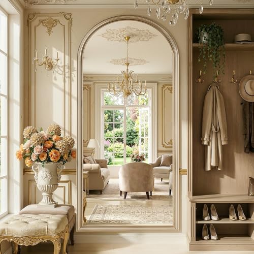 71"x32" Elegant Vintage Arched Full Length Mirror with Stand, Luxury Large Full Body Mirror with Tempered Glass, Leaning Wall Mount Floor Standing Mirrors for Living Room Bedroom Entryway Outfit Check - Image 4