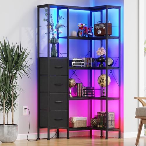 AFLUI 5-Tier Corner Bookshelf with LED Light Strips, 4 Fabric Drawers by Unknown