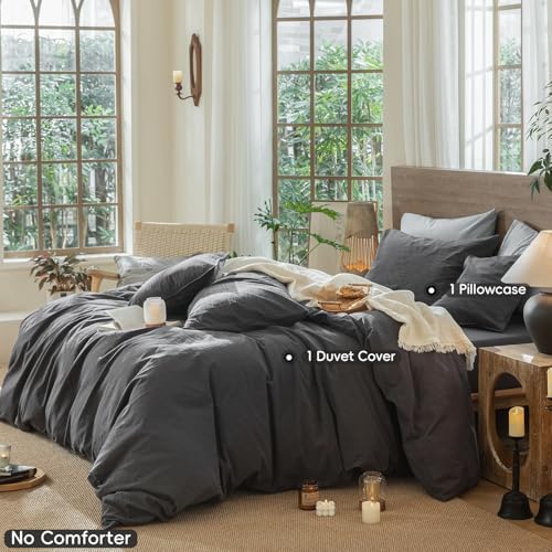 MooMee Wavy Striped Duvet Cover Set 100% Washed Cotton Linen Like Textured Breathable Durable Soft Comfy (Charocal Grey, Twin 68"x90") - Image 2