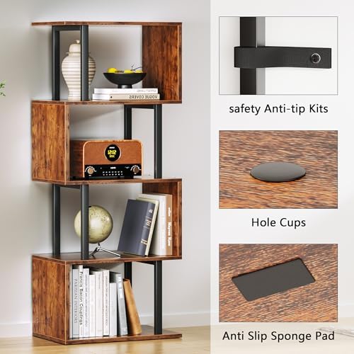 Furologee 5 Tier Bookshelf, S Shaped Geometric Bookcase, Rustic Brown - Image 4