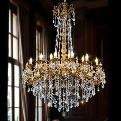 24-Light Antique Gold Crystal Chandelier, Extra Large Luxury Candle Chandelier Lighting Fixture for High Ceiling Foyer, Grand Entryway Living Room, Oversized D39 H64 by Akeelighting