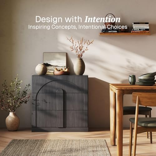 BELLEZE Sideboard Cabinet with 3 Drawers, Modern Wood Buffet Cabinet with Arc Design, Large Fluted Sideboard with Storage for Kitchen Living Room Entryway, Ebony - Image 3