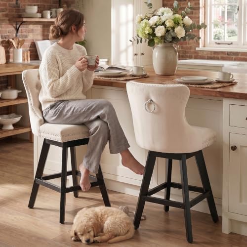 SoarFlash Kitchen Swivel Bar Stools with Solid Wood Legs Upholstered Counter Stools Set of 2, Beige - Image 3
