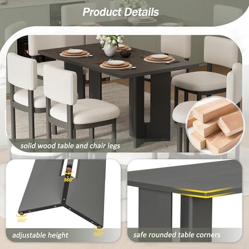 VilroCaz 7-Piece Farmhouse Wood Dining Set, 60" Rectangular Dining Table and with 6 Upholstered Chairs for Dining Room, Kitchen and Living Room, Cutout Table Legs (Gray-27K) - Image 5