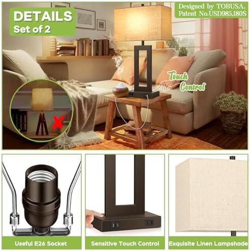 TOBUSA 28" Brown Modern Table Lamp Set of 2 with 2 USB Ports&AC Outlet - Image 3