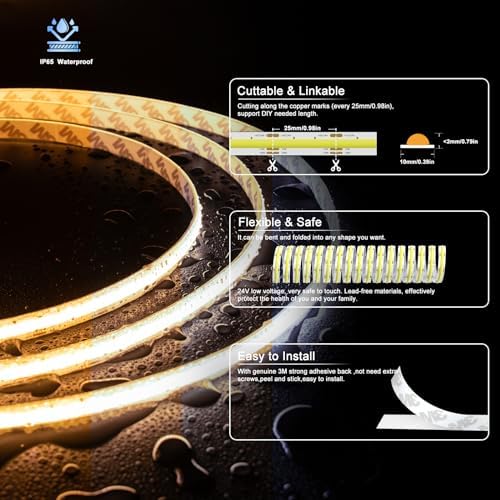 PAUTIX COB LED Strip Light CCT Tunable White IP65 Waterproof,CRI90+ 16.4ft/5m 2700K-6500K Dimmable 24V LED Tape Light,for Under Cabinet Bedroom Kitchen DIY Lighting(Adapter&Controller NOT Included) - Image 3