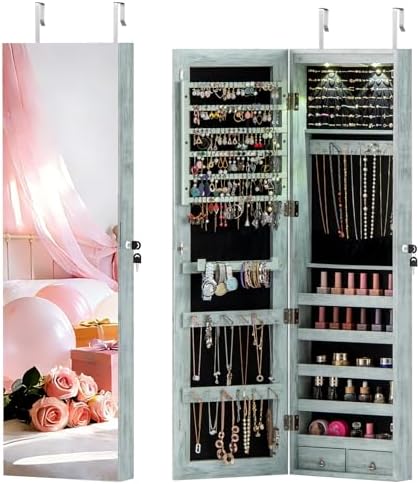 NAFORT 2 LEDs Mirror Jewelry Armoire, 47.5" H Door or Wall Mounted Jewelry Cabinet with Frameless Mirror, Lockable Jewelry Storage Box, Hanging Jewelry Organizer with 2 Drawers, Vintage Blue by NAFORT