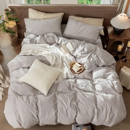 MooMee Striped Duvet Cover Set 100% Washed Cotton Linen Like Queen - Image 4