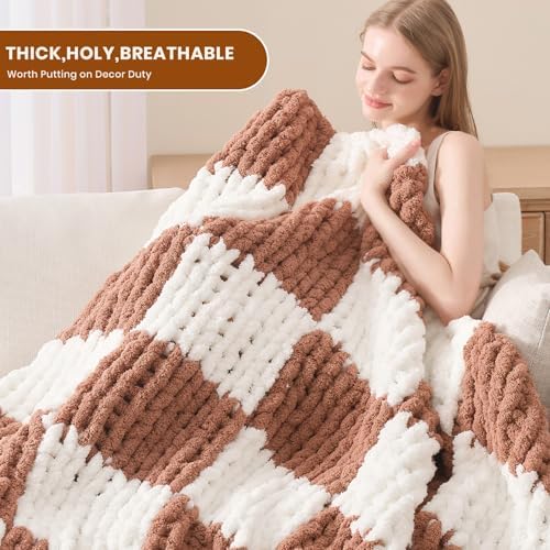 L'AGRATY Chunky Knit Throw Blanket for Couch 60 x 80 Inches Brown Checkered - Image 4