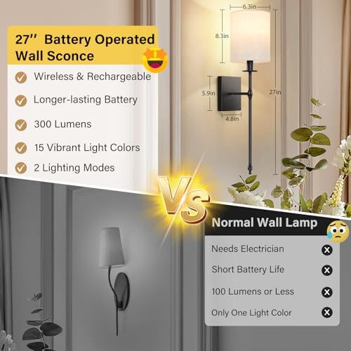 Bosceos 27 inch Battery Operated Wall Sconces Set of 2 with Remote, Rechargeable Wireless Wall Lights with Beige Fabric Shade, Indoor Not Hardwired Dimmable for Bedroom Living Room Decor - Image 2